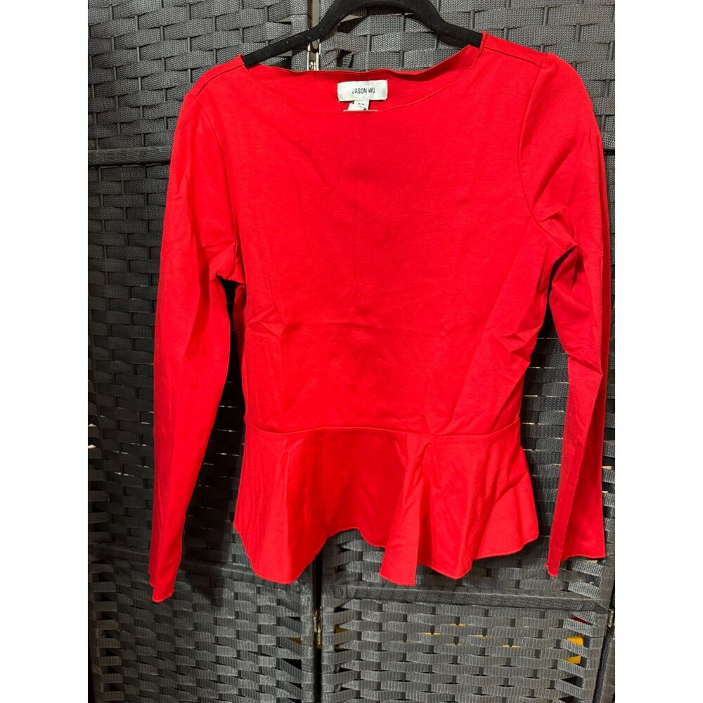 Jason Wu Red Peplum Top NWT Medium Long Sleeve Fitted Blouse Valentine Core Chic